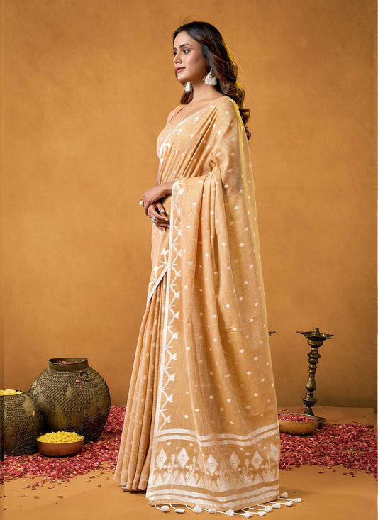 Carrot Orange Spun Floral Pure Cotton Saree