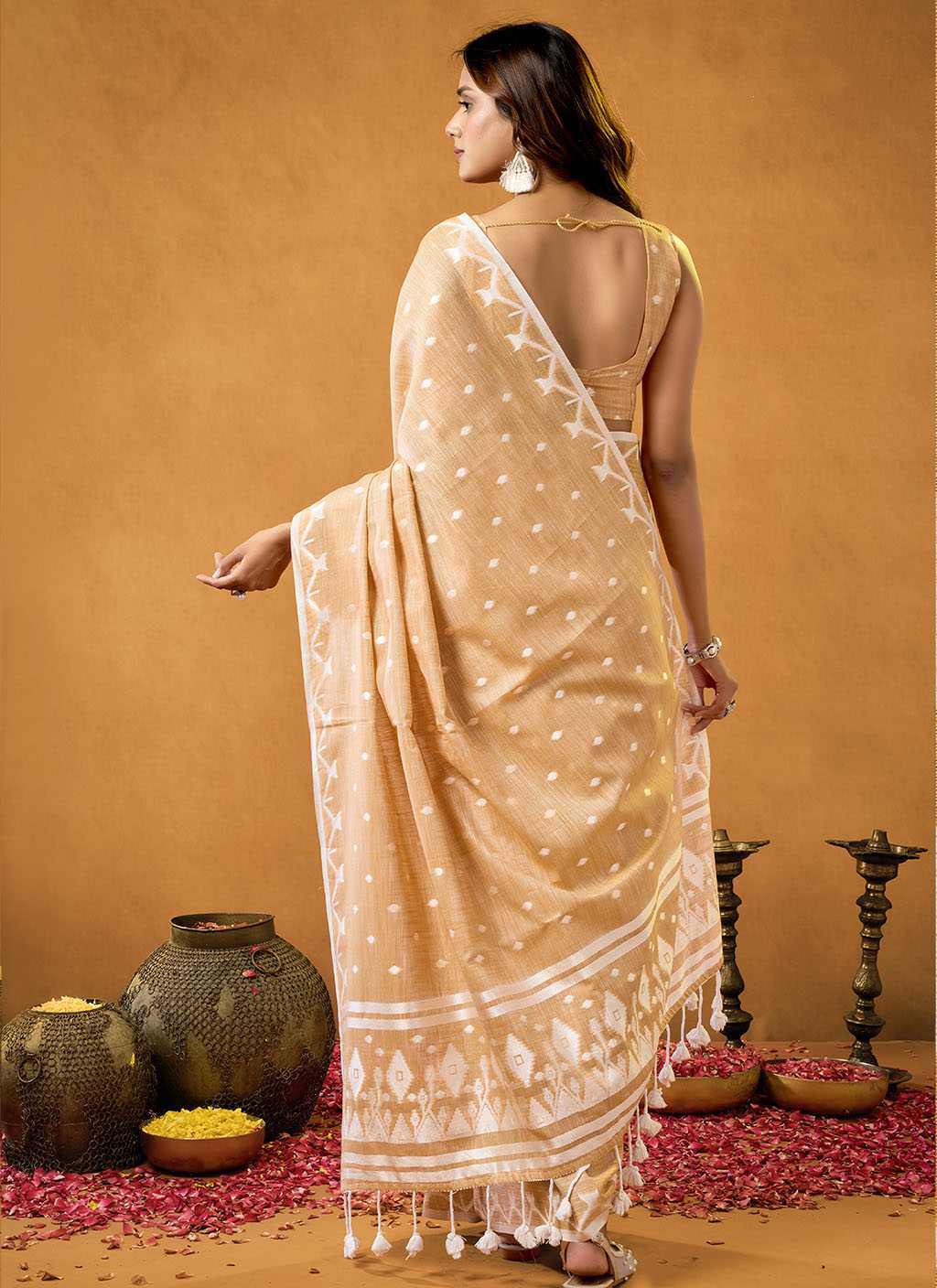 Carrot Orange Spun Floral Pure Cotton Saree