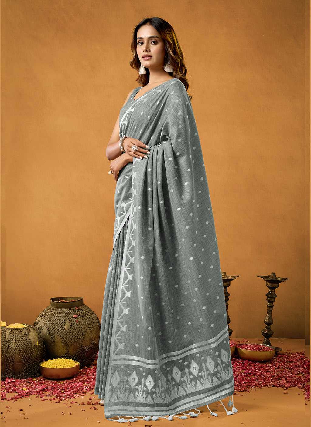 Grey Spun Floral Pure Cotton Saree