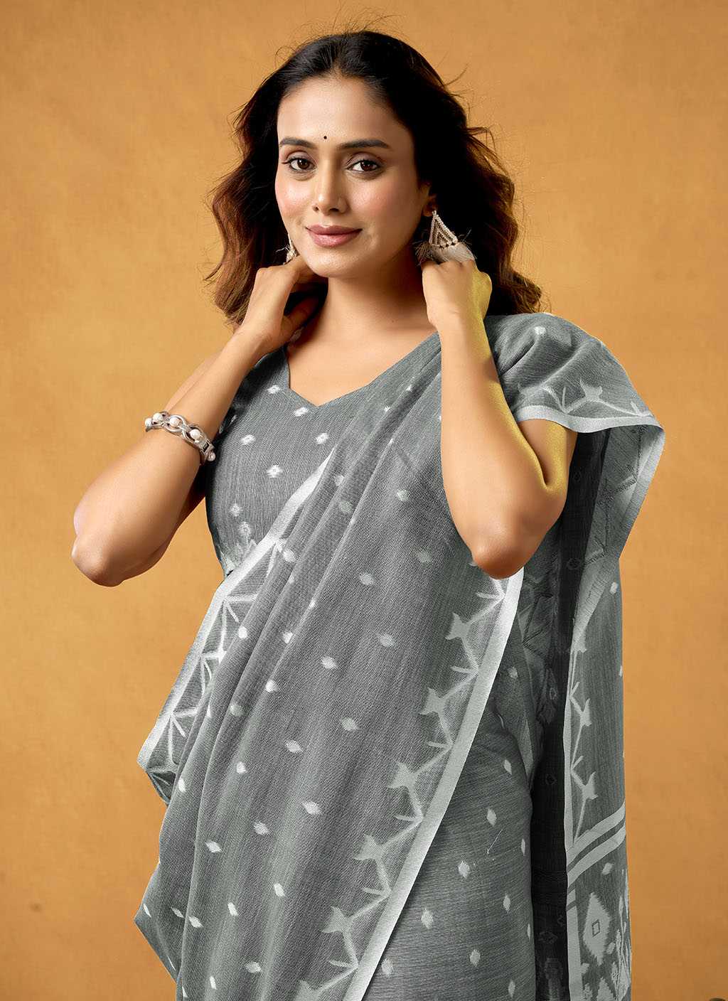 Grey Spun Floral Pure Cotton Saree