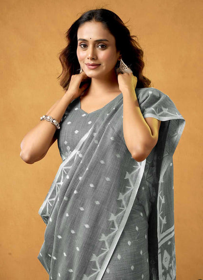 Grey Spun Floral Pure Cotton Saree
