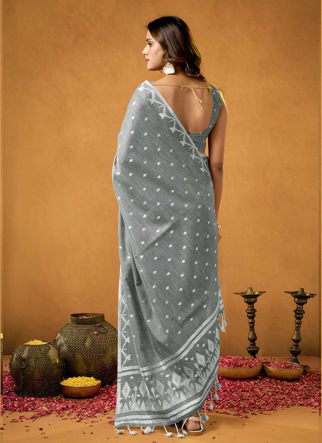 Grey Spun Floral Pure Cotton Saree