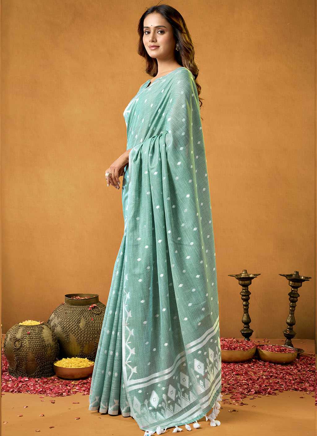 Sky Blue Spun Floral Pure Cotton Saree