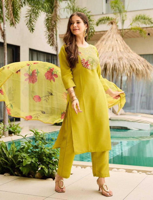 Stiched Rayon Embroidered Yellow Kurthi Set
