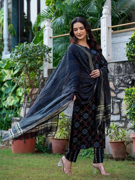 Navy Blue Kurti with Connected Floral Embroidery Print