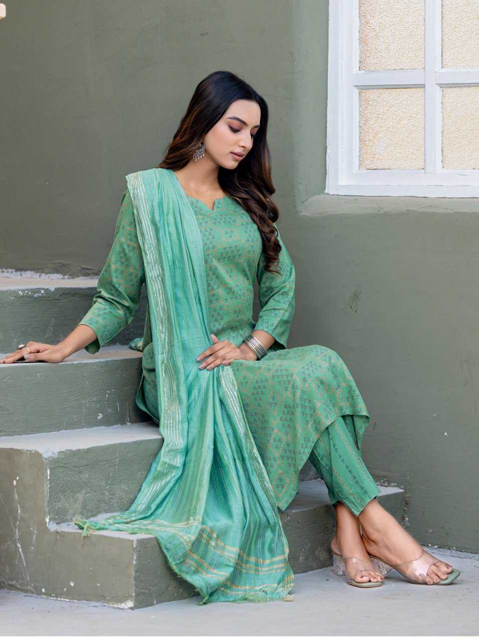 Teal Kurti with Triangle Embroidery Print