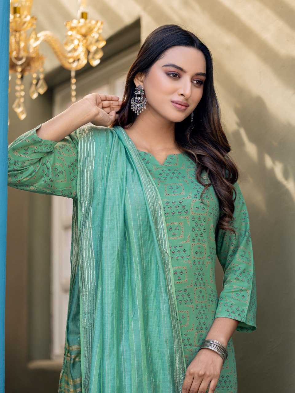 Teal Kurti with Triangle Embroidery Print