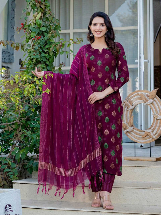 Wine Kurti with Leaf Embroidery Print