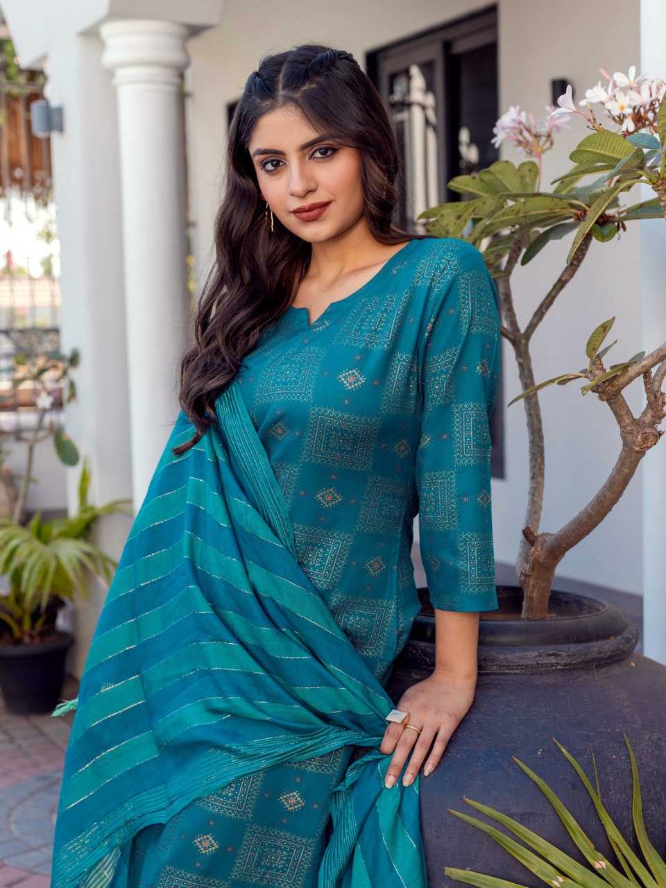 Sky Blue Kurti with Floral Embroidery Print