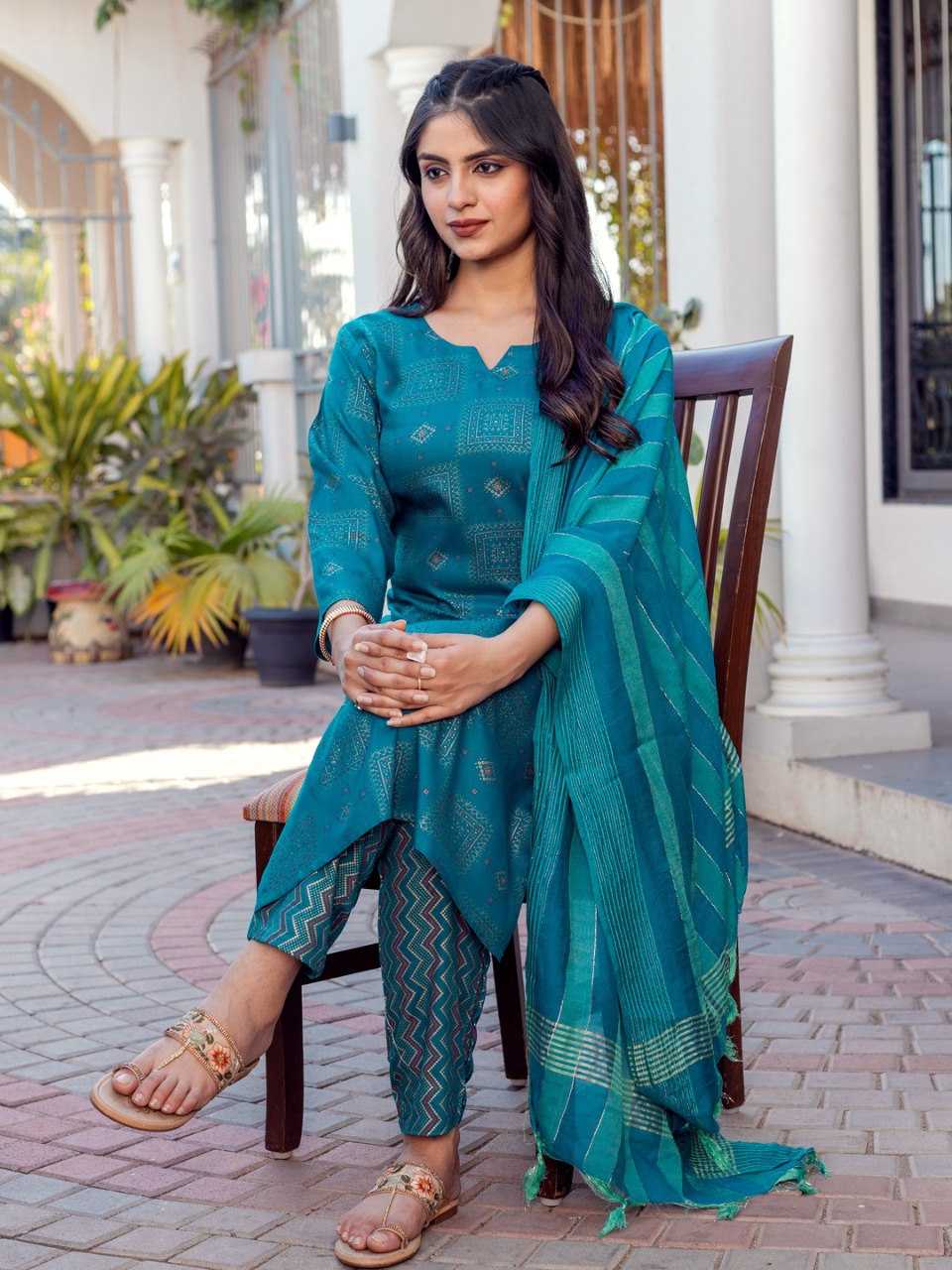 Sky Blue Kurti with Floral Embroidery Print