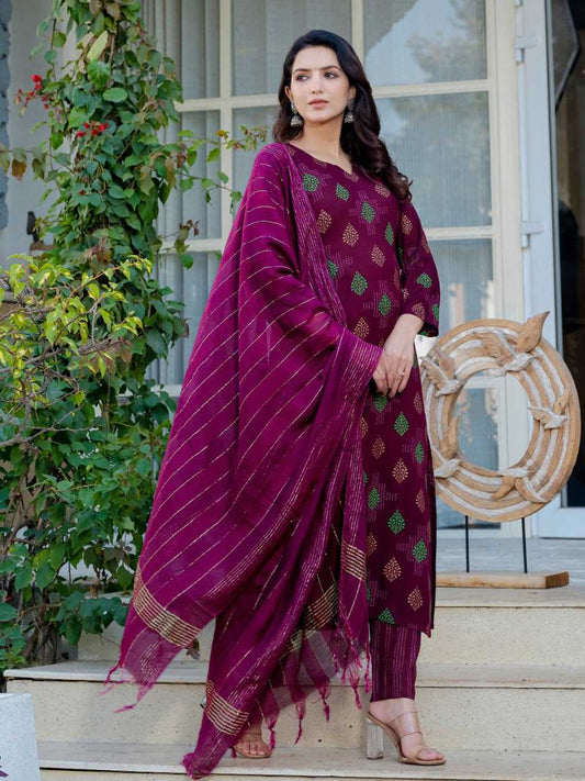 Wine Kurti with Leaf Embroidery Print
