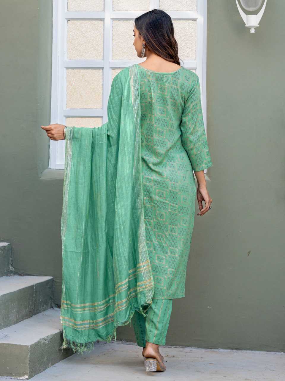 Teal Kurti with Triangle Embroidery Print