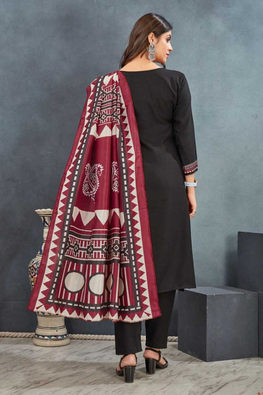 Printed Top Rayon Top Black and Maroon Kurtha Set