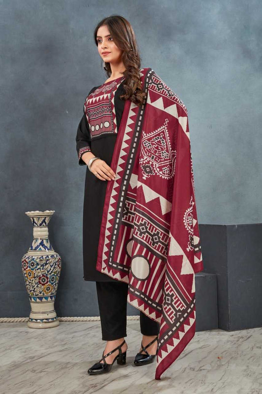 Printed Top Rayon Top Black and Maroon Kurtha Set