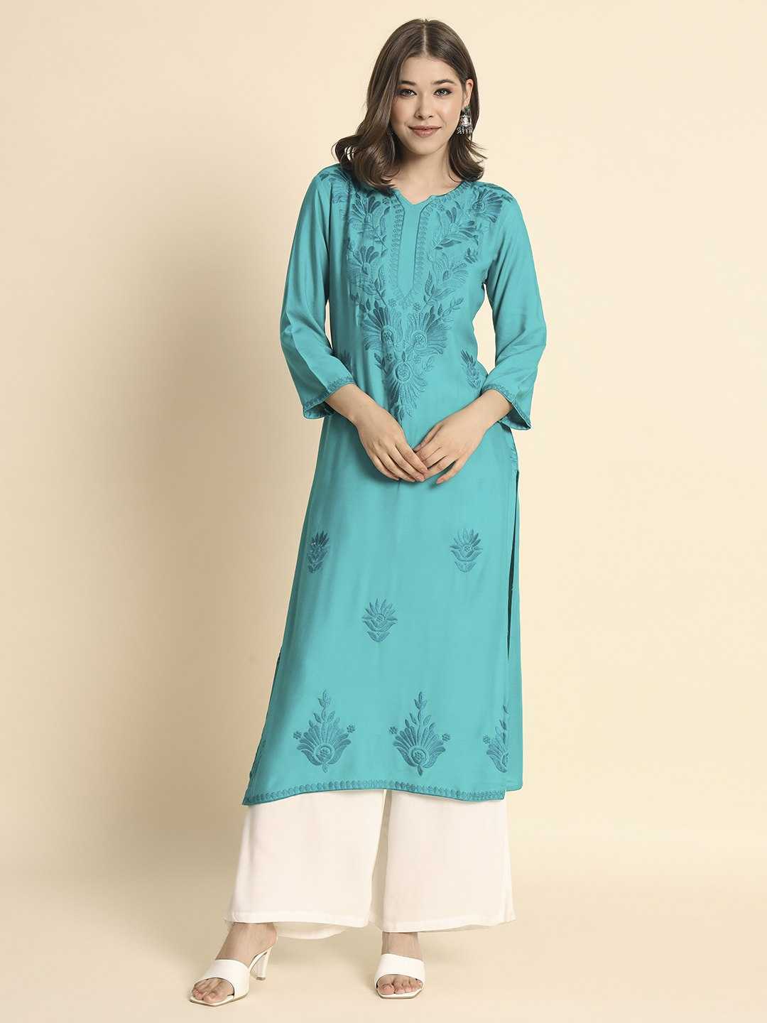 Sky Blue Rayon Lucknowi Chikankari Kurti