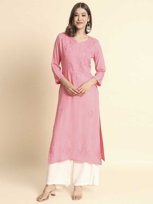 Pink Rayon Lucknowi Chikankari Kurti