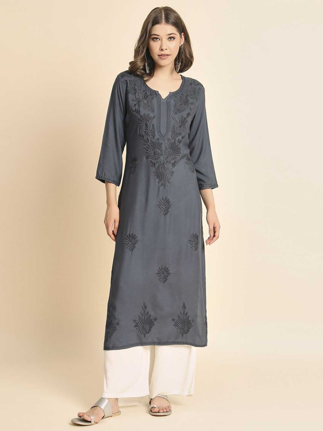 Grey Rayon Lucknowi Chikankari Kurti