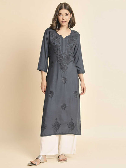 Grey Rayon Lucknowi Chikankari Kurti