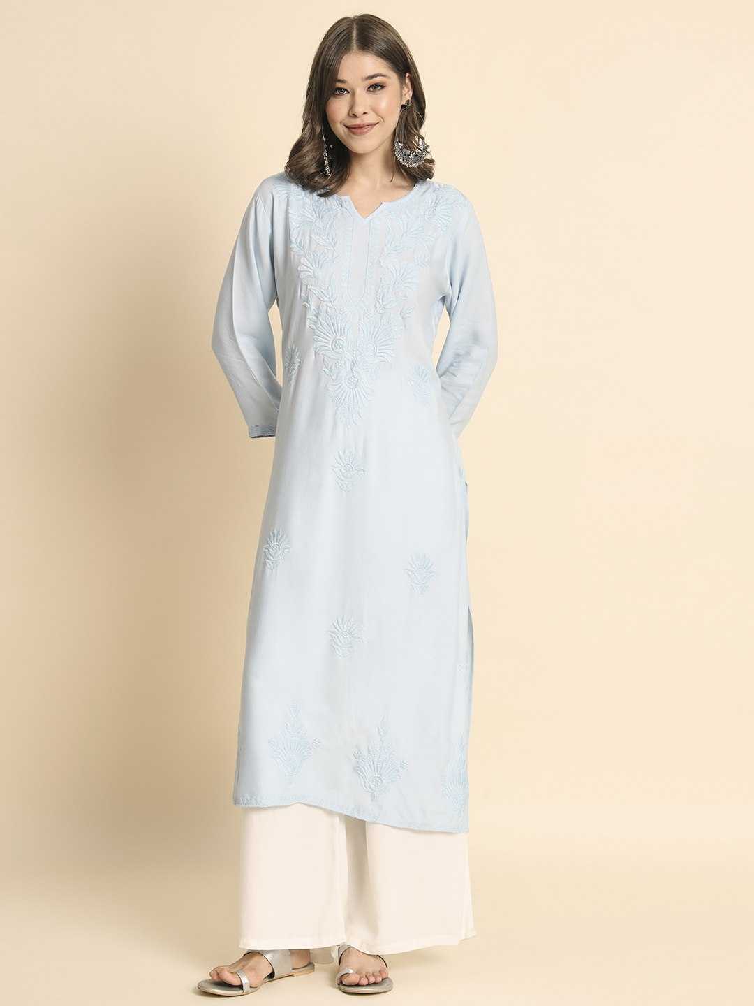 Light Blue Rayon Lucknowi Chikankari Kurti