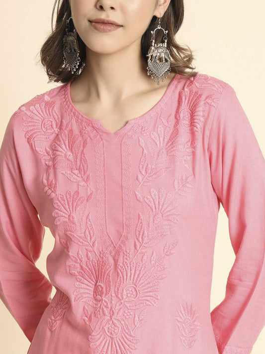Pink Rayon Lucknowi Chikankari Kurti