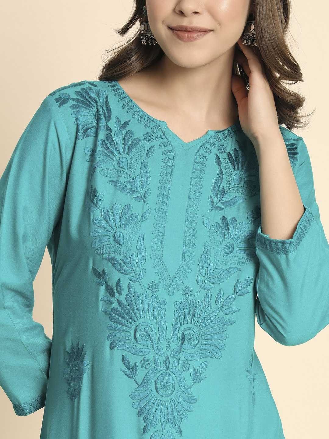 Sky Blue Rayon Lucknowi Chikankari Kurti