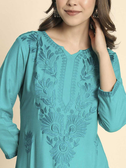 Sky Blue Rayon Lucknowi Chikankari Kurti