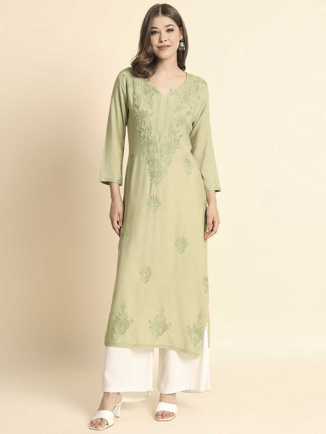 Mehandi Rayon Lucknowi Chikankari Kurti
