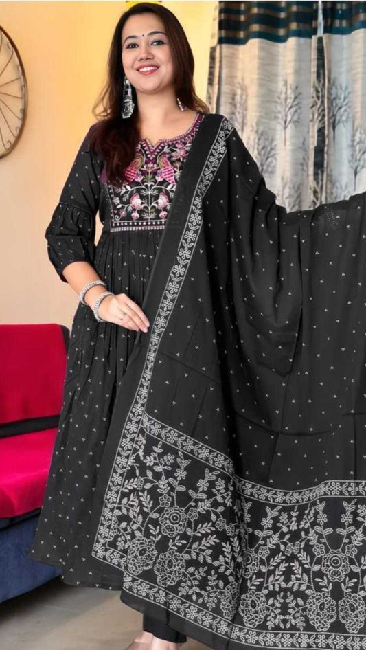 Black Viscose Rayon Chanderi Print Kurtha Set