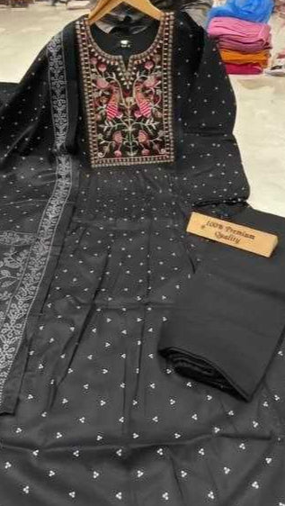 Black Viscose Rayon Chanderi Print Kurtha Set