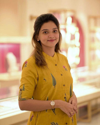 Rayon with Digital Printing and Printex Ganga Yellow Kurthi Set