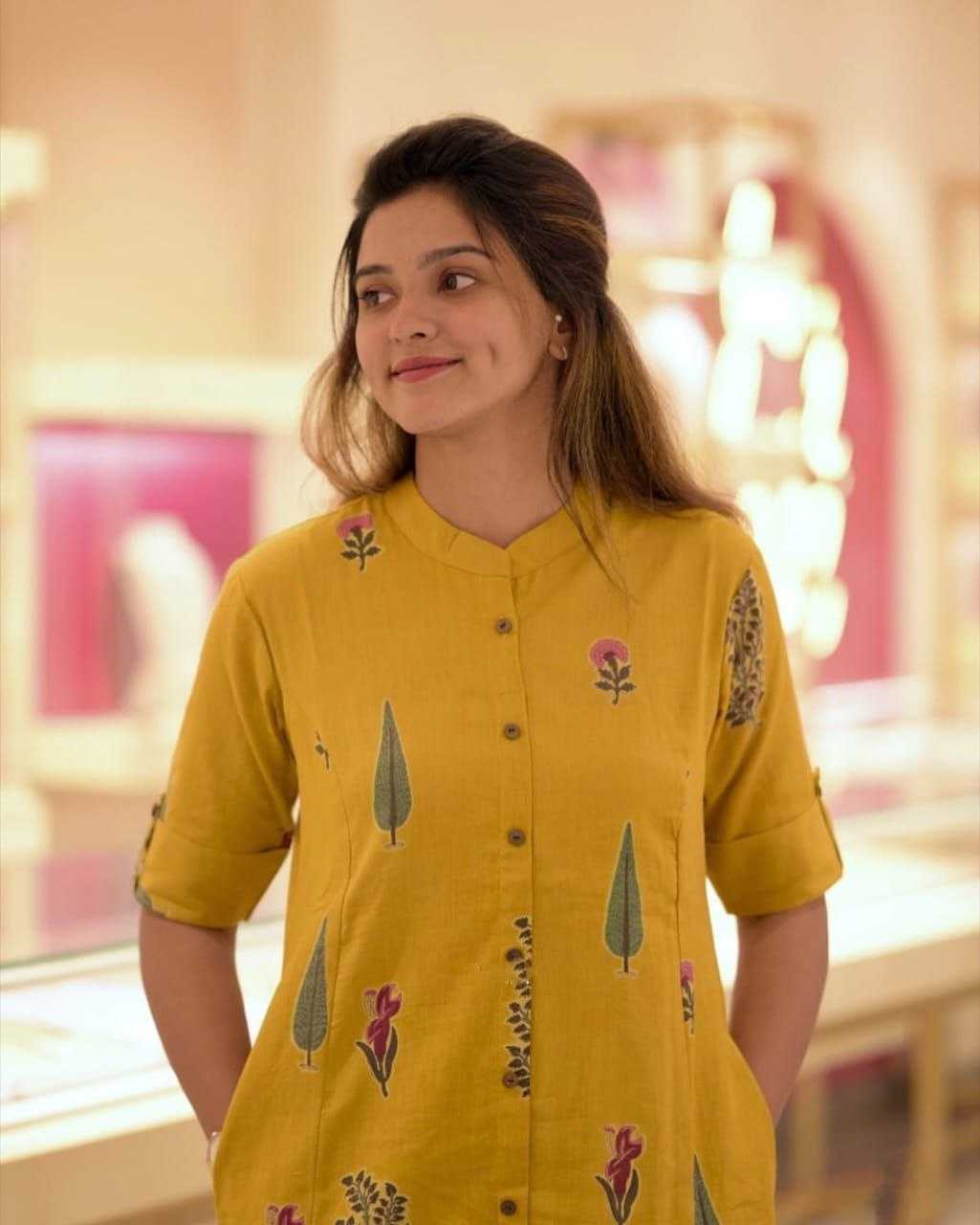 Rayon with Digital Printing and Printex Ganga Yellow Kurthi Set