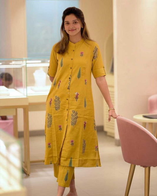 Rayon with Digital Printing and Printex Ganga Yellow Kurthi Set