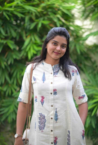 Rayon with Digital Printing and Printex Ganga White Kurthi Set