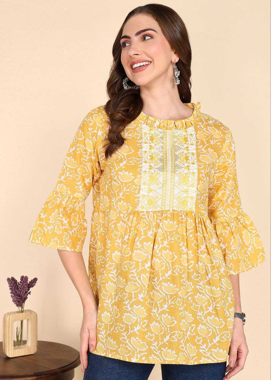 Yellow Floral Kurti with Embroidery Work