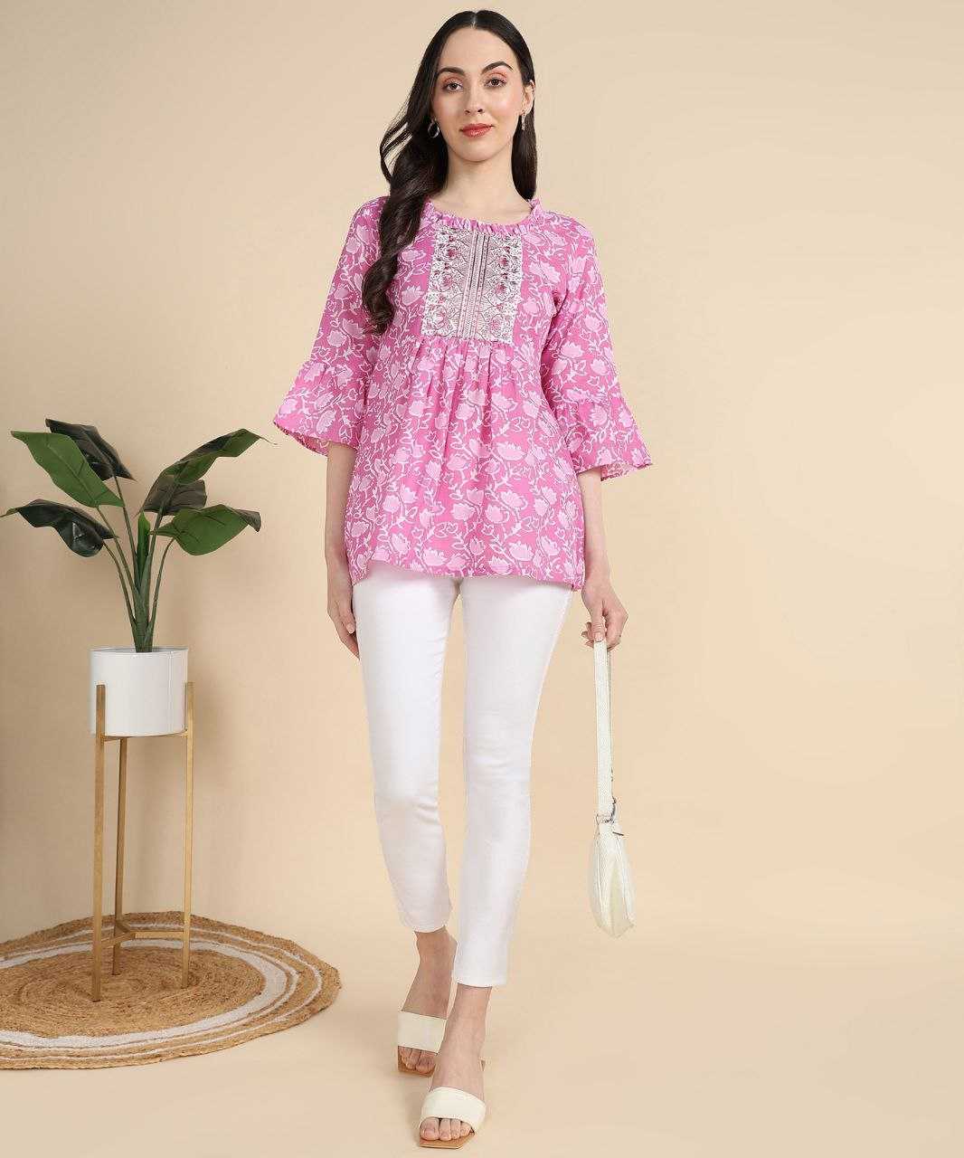 Pink Floral Kurti with Embroidery Work