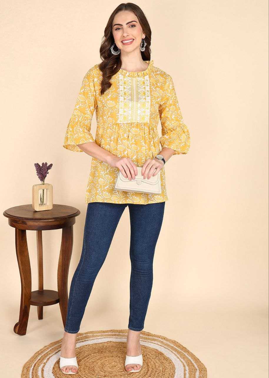 Yellow Floral Kurti with Embroidery Work