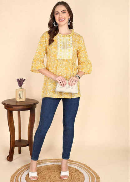 Yellow Floral Kurti with Embroidery Work