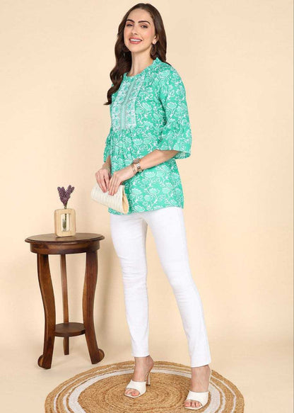 Light Green Floral Kurti with Embroidery Work