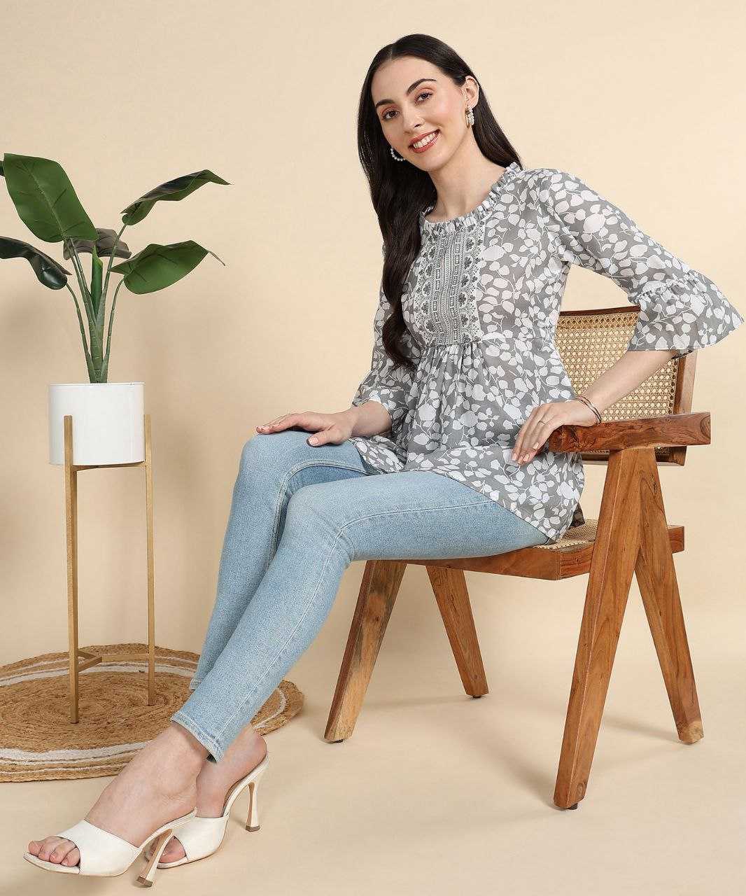 Grey Floral Kurti with Embroidery Work