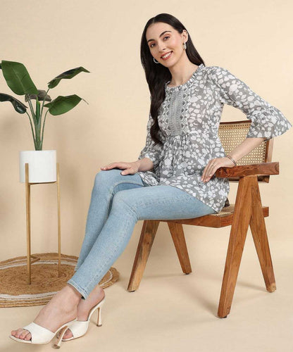 Grey Floral Kurti with Embroidery Work