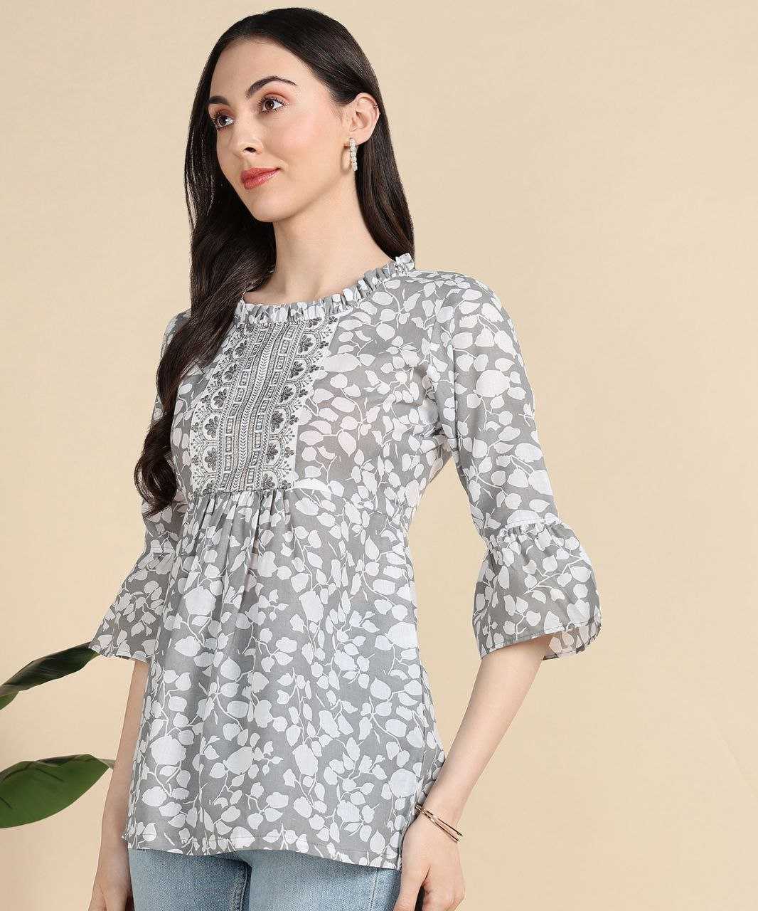 Grey Floral Kurti with Embroidery Work