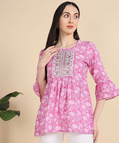 Pink Floral Kurti with Embroidery Work