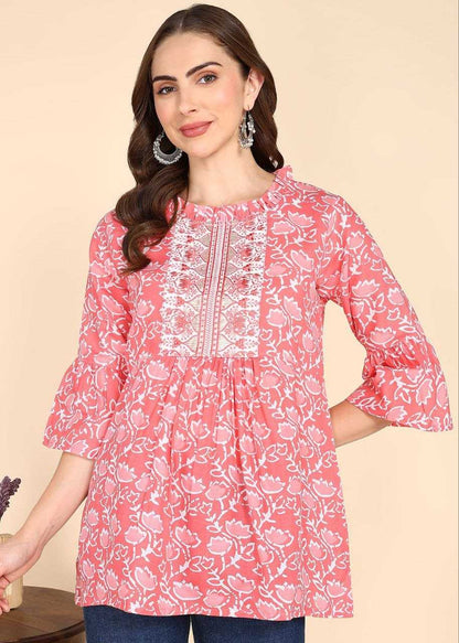 Red Floral Kurti with Embroidery Work
