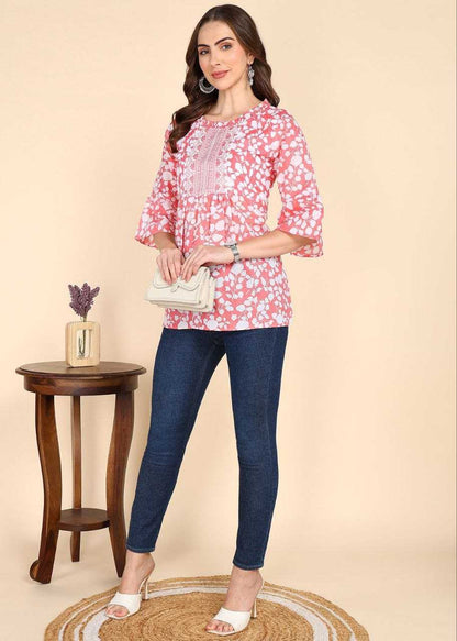 Red Floral Kurti with Embroidery Work