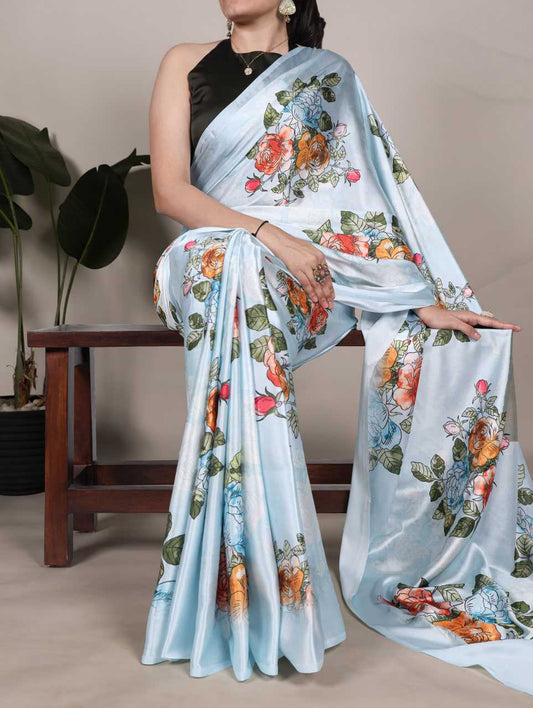 Sky Blue Satin Printed Saree