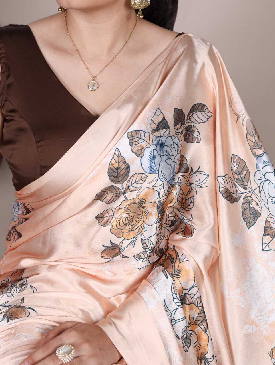 Cream Satin Printed Saree