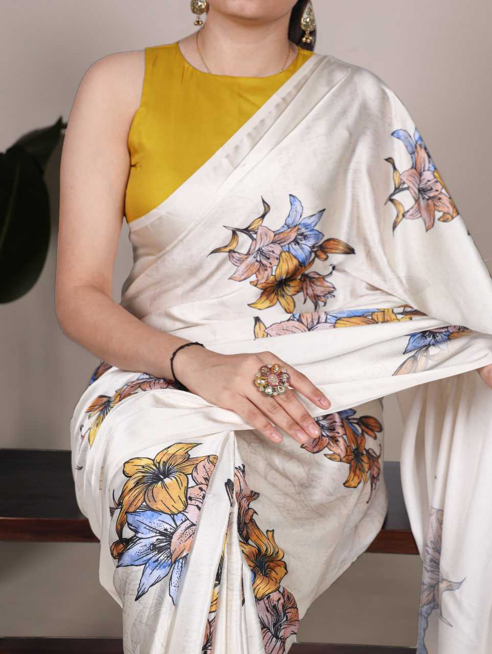White Satin Printed Saree
