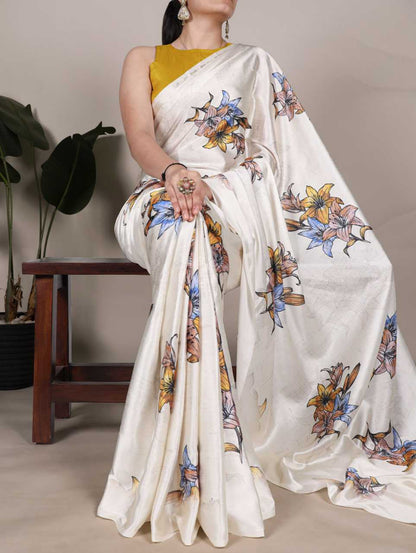 White Satin Printed Saree