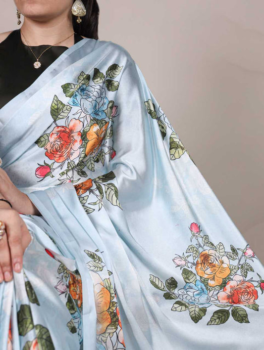 Sky Blue Satin Printed Saree