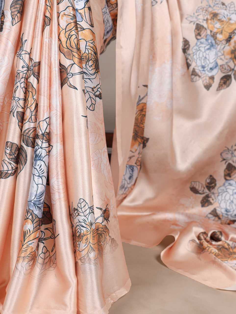 Cream Satin Printed Saree